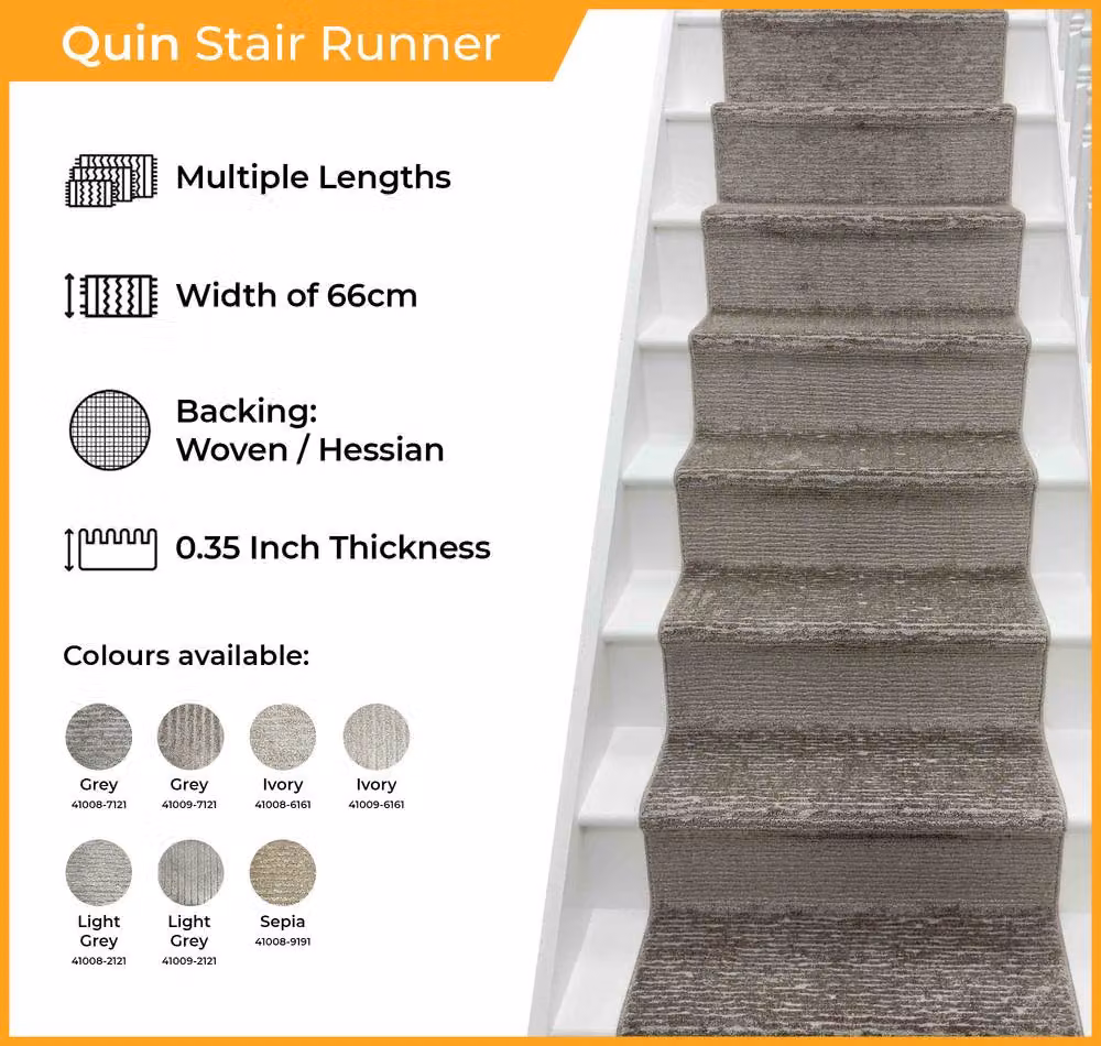 runrug Quin Stair Runner Carpet, Mid Grey, W: 66 cm, L: 600 cm – 2