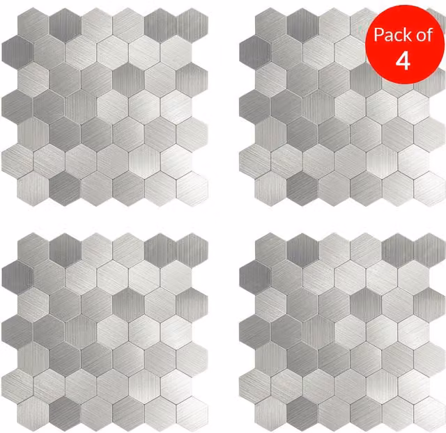 ENER-J HexaStyle Silver Aluminum Peel and Stick Geometric Wall Tiles, Pack of 4, W: 290 mm, D: 288 mm, H: 4 mm – 1