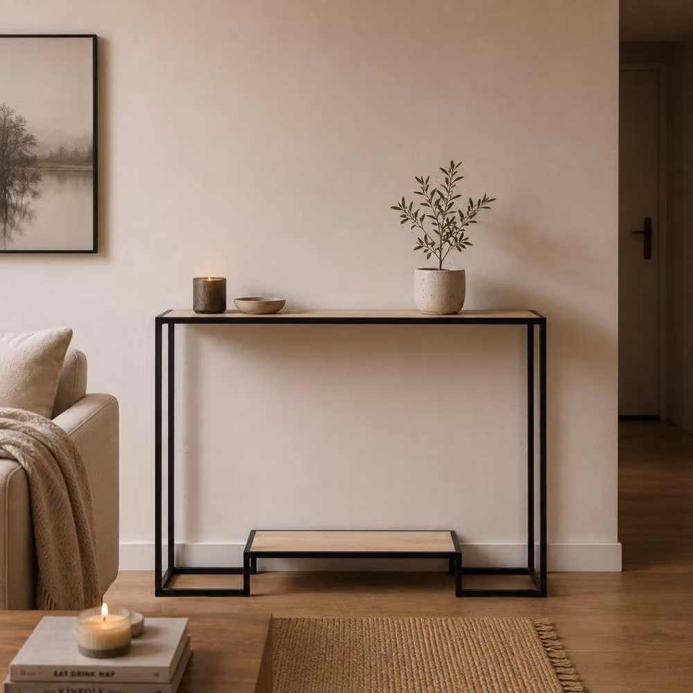 CALICOSY Modern 2-Tier Industrial Console Table in Light Oak Finish, W: 120 cm, D: 30 cm, H: 80 cm – 3