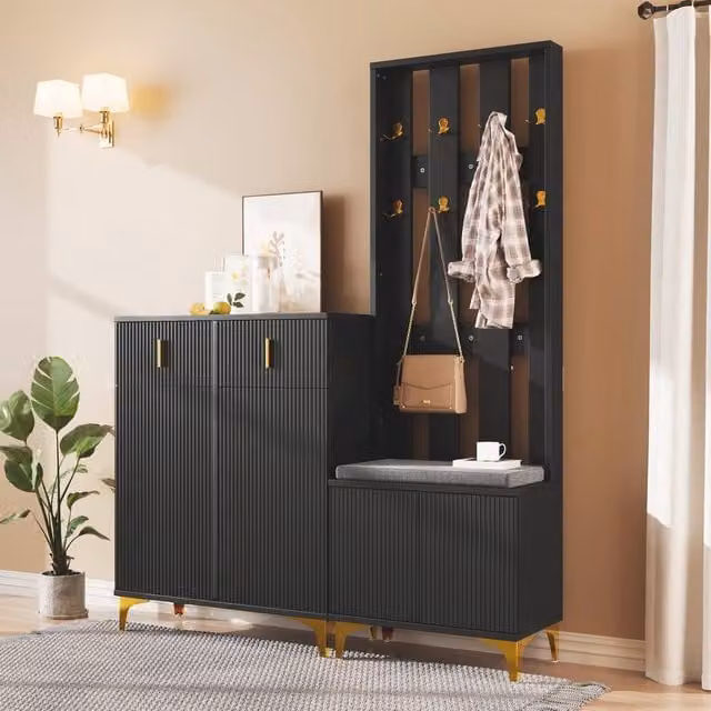 Merax Modern Hallway Storage Set with Shoe Cabinet, Bench and Wall Rack in Matt Black and Gold – 1
