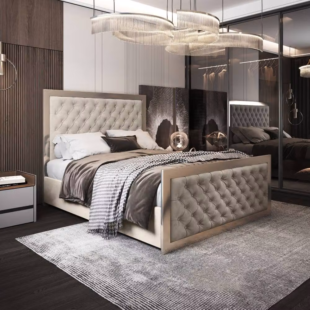 Casani Latimer Upholstered Velvet Designer Bed Frame in Cream and Beige with Metal Details, W/D/H: 120 x 200 x 98 cm – 2