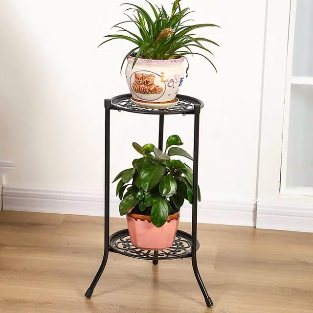 KORVIXA 2 Tier Metal Plant Pot Holder Flower Stand in Black, W/D/H: 50 x 30 x 50 cm – 1
