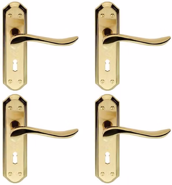 Loops 4 Pair Curved Lever Door Handles with Sculpted Edge Backplate in Satin and Polished Brass, W: 180 mm, H: 48 mm