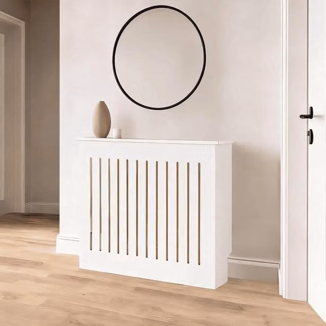 Home Source White MDF Radiator Cover with Striped Design, Width: 112 cm