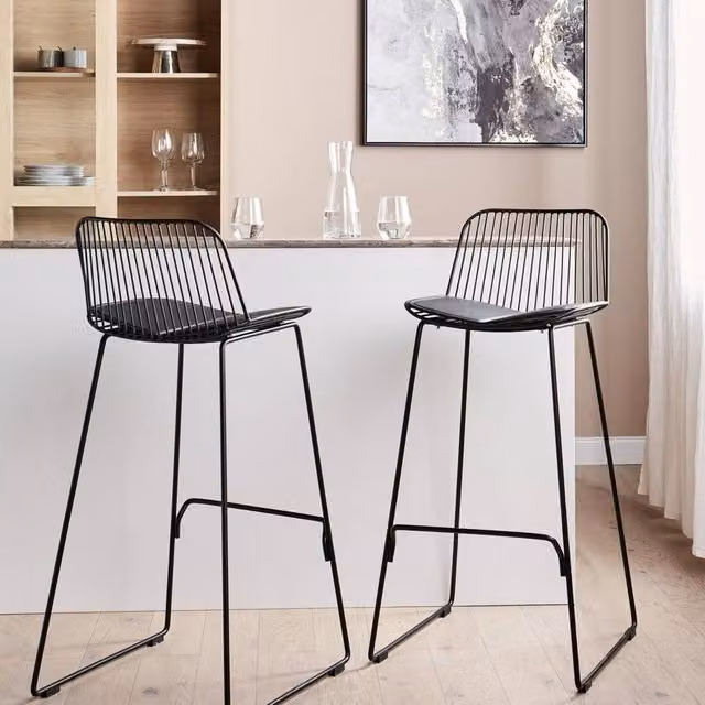 Wyld and Coco Aura Living Set of 2 Black Metal Wire Bar Chairs with Faux Leather Cushions – 1