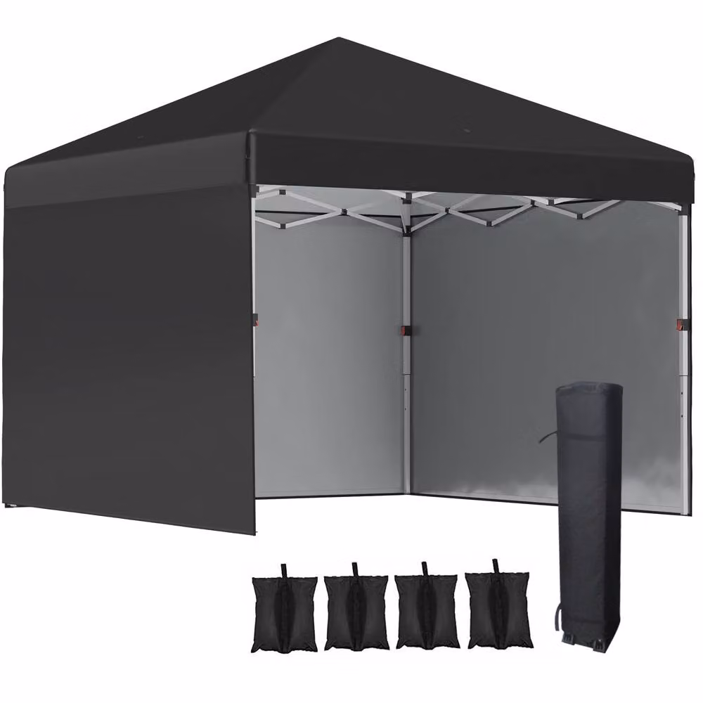OUTSUNNY Pop Up Party Gazebo Tent with 2 Sidewalls and Weight Bags, Black, W/D/H: 300 x 300 x 285 cm – 2