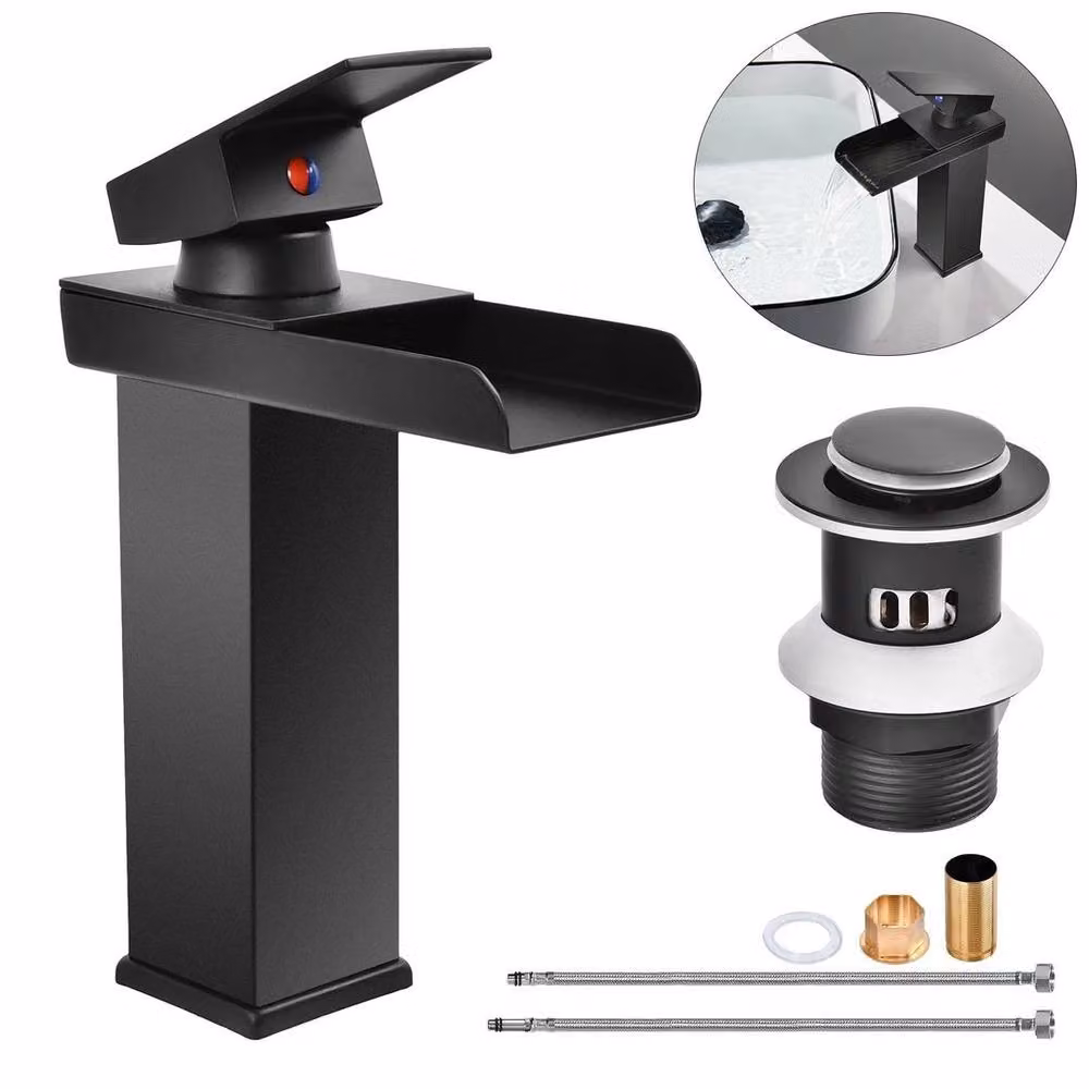 Kelvenix Matt Black Square Waterfall Cloakroom Basin Mixer Tap with Pop Up Waste – 5