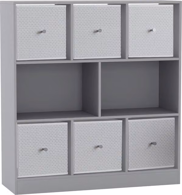 URBNLIVING 8 Cube Bookcase with 6 White Fabric Storage Drawers in Grey