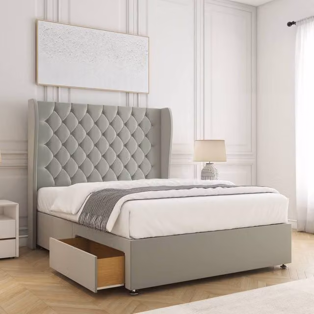 BSSPOKE Amelia Double Divan Bed Set with 2 Drawers, Headboard and Mattress in Silver Plush Velvet, W/D/H: 140 x 200 cm