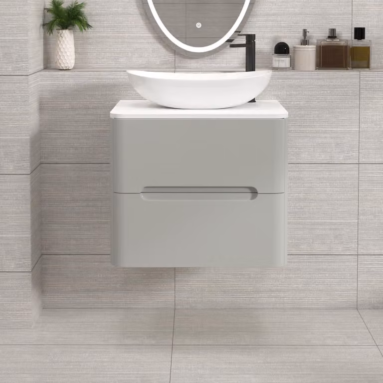 Royal Bathrooms Venice 600mm Wall Hung Vanity Unit in Dove Grey with 2 Drawers, Plain White Worktop and Cesar Basin