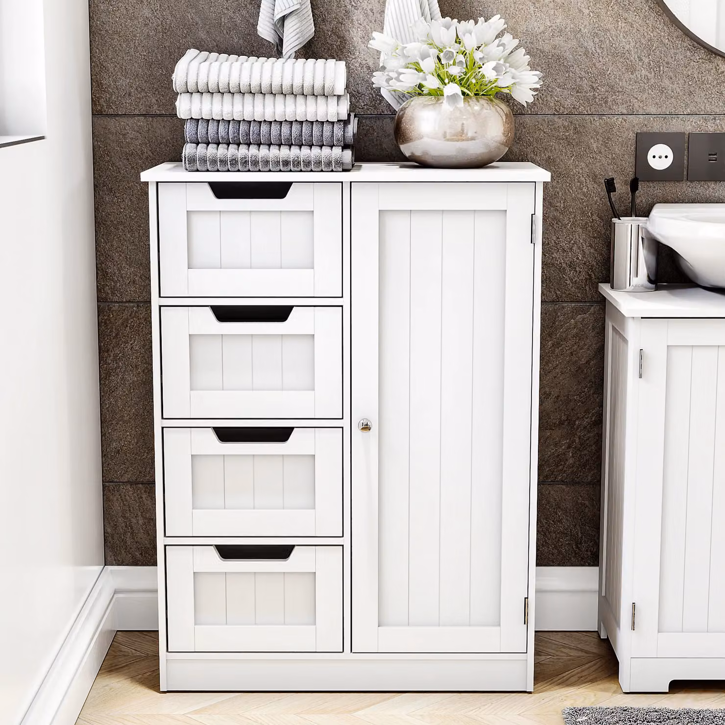 Bath Vida Modern 4 Drawer 1 Door Bathroom Floor Cabinet in White, H 81 x W 60 x D 30 cm – 3