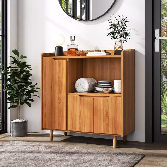 Livingandhome Mid-Century Brown Wooden Kitchen Cabinet with Hinged Doors and Pine Legs