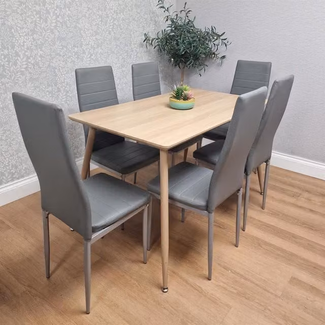 Kosy Koala Modern Rectangular Dining Table Set with 6 Grey Faux Leather Chairs in Beige and Brown, W: 120 cm, D: 70 cm, H: 75 cm