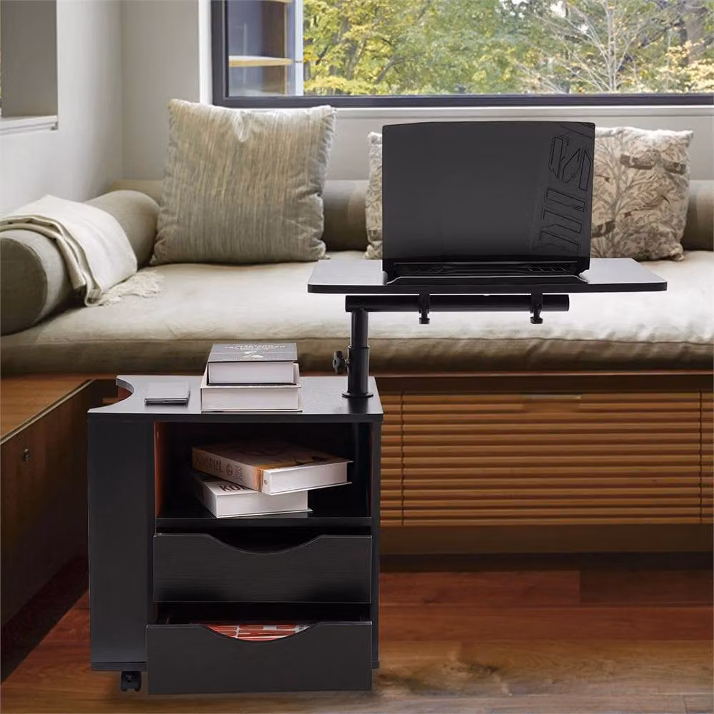 Nordara Adjustable Rotating Bedside Table with Wheels and 2 Drawers in Black – 5