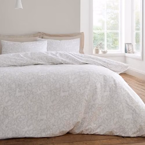 Bianca Woodland 200 Thread Count Cotton Percale Reversible Duvet Cover and Pillowcase Set, Beige, W/D/H: 180 x 200 cm, Pillowcase: 50 x 75 cm