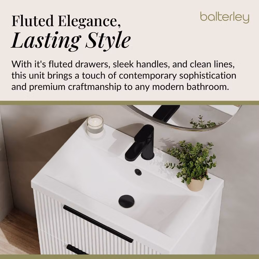 Balterley Fluted Front Wall Hung 2 Drawer Vanity Basin Unit, Satin White, W: 60 cm, D: 54 cm – 2