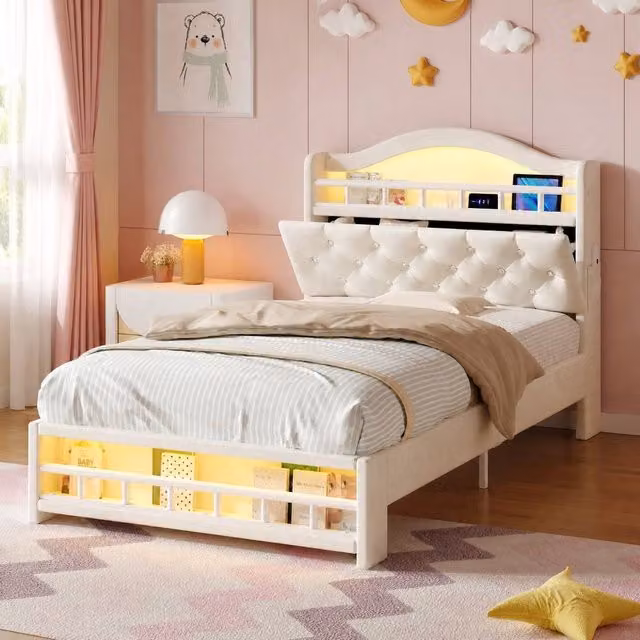 STILVORA 3ft Single Upholstered Bed Frame in Beige Velvet with USB Charging Port and Side Compartments, W/D/H: 90 x 190 cm