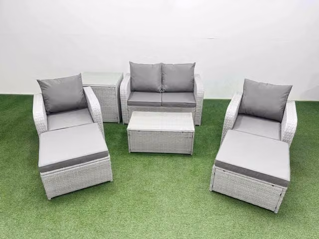 Fimous 6 Seater Light Grey PE Wicker Rattan Garden Furniture Set with Upholstered Cushions, Reclining Chairs, Coffee Table and Ottomans