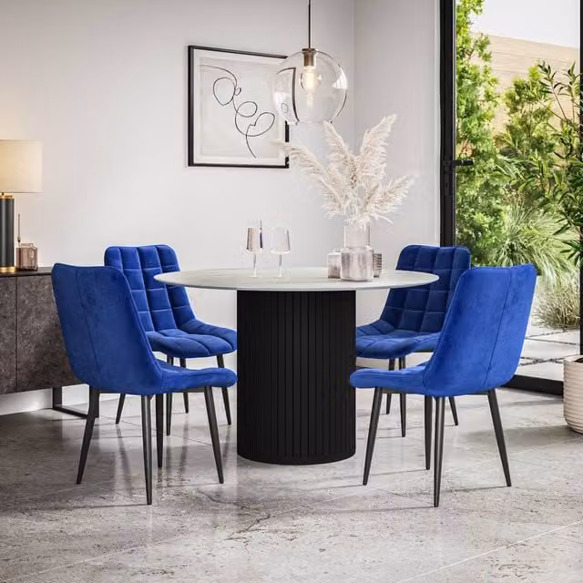 More4Homes Arlo Round White Marble Top Dining Table with Black Legs and 4 Blue Nova Velvet Dining Chairs Set, W: 120 cm, H: 75 cm – 1