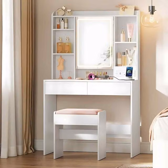 The Bazaarist Cloud White Makeup Dressing Table with Hollywood LED Mirror and 2 Drawers