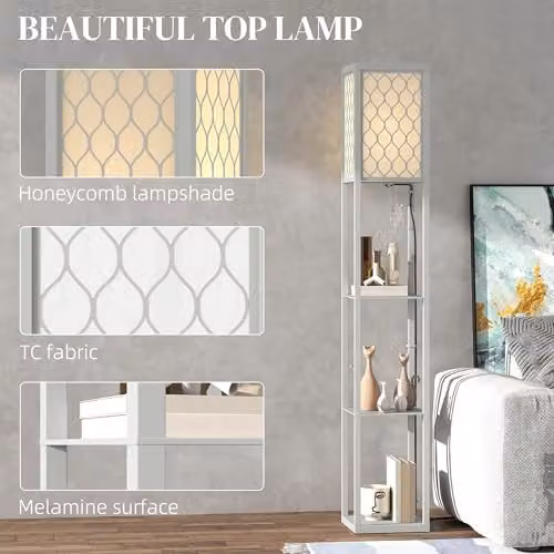 HOMCOM Modern Floor Lamp with 3 Shelves and Fabric Lampshade in Grey – 3