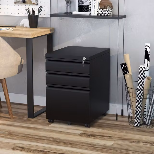 Vinsetto Mobile Vertical File Cabinet in Black Metal with Lock and Castors
