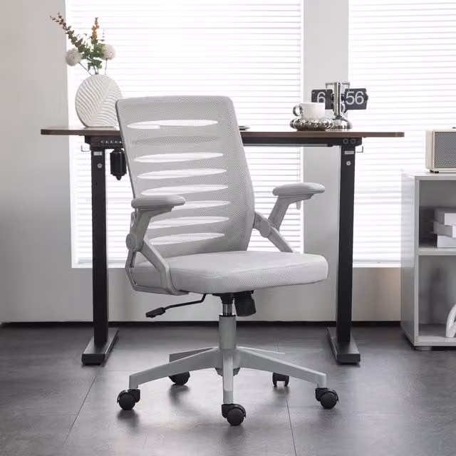 VINSETTO Grey Fabric Mesh Swivel Task Chair with Armrests and Lumbar Support for Home or Office – 1