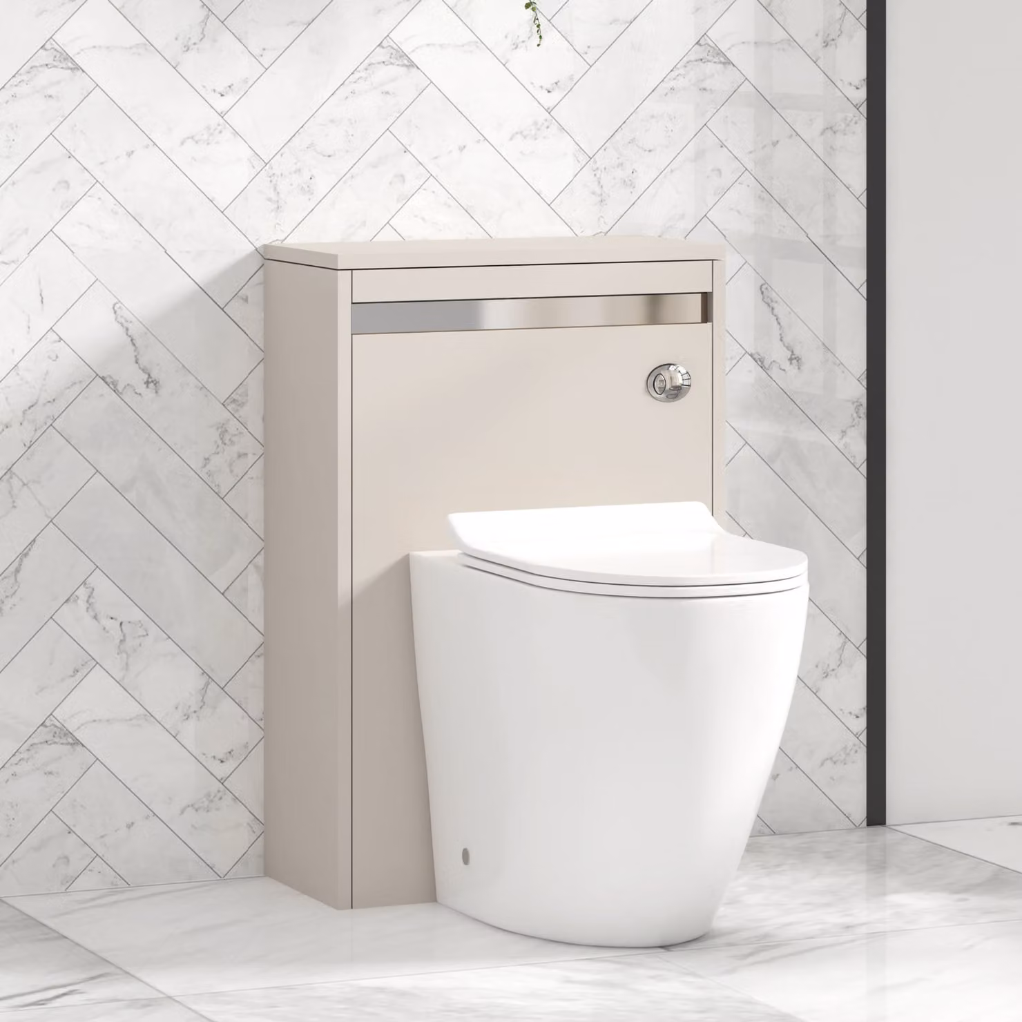 Royal Bathrooms Orion 540mm Warm Taupe Wall Mounted WC Unit with Elva Rimless Short Projection Ceramic Toilet Pan, Slim Soft Close Seat and Cistern with Chrome Accent Trim