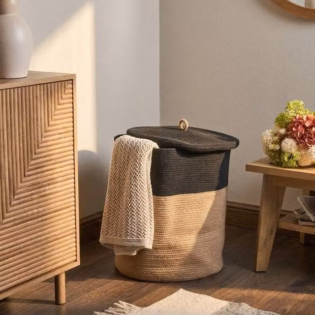 Wyld and Coco Woven Cotton Storage Basket with Lid - Black and Beige – 1