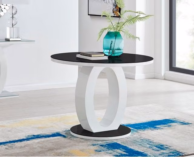 Giovani Modern Round Kitchen Dining Table with High Gloss and Glass Top, Black, Diameter: 100 cm