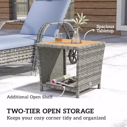 Outsunny 2-Tier PE Rattan Side Table with Storage Shelf in Grey – 4
