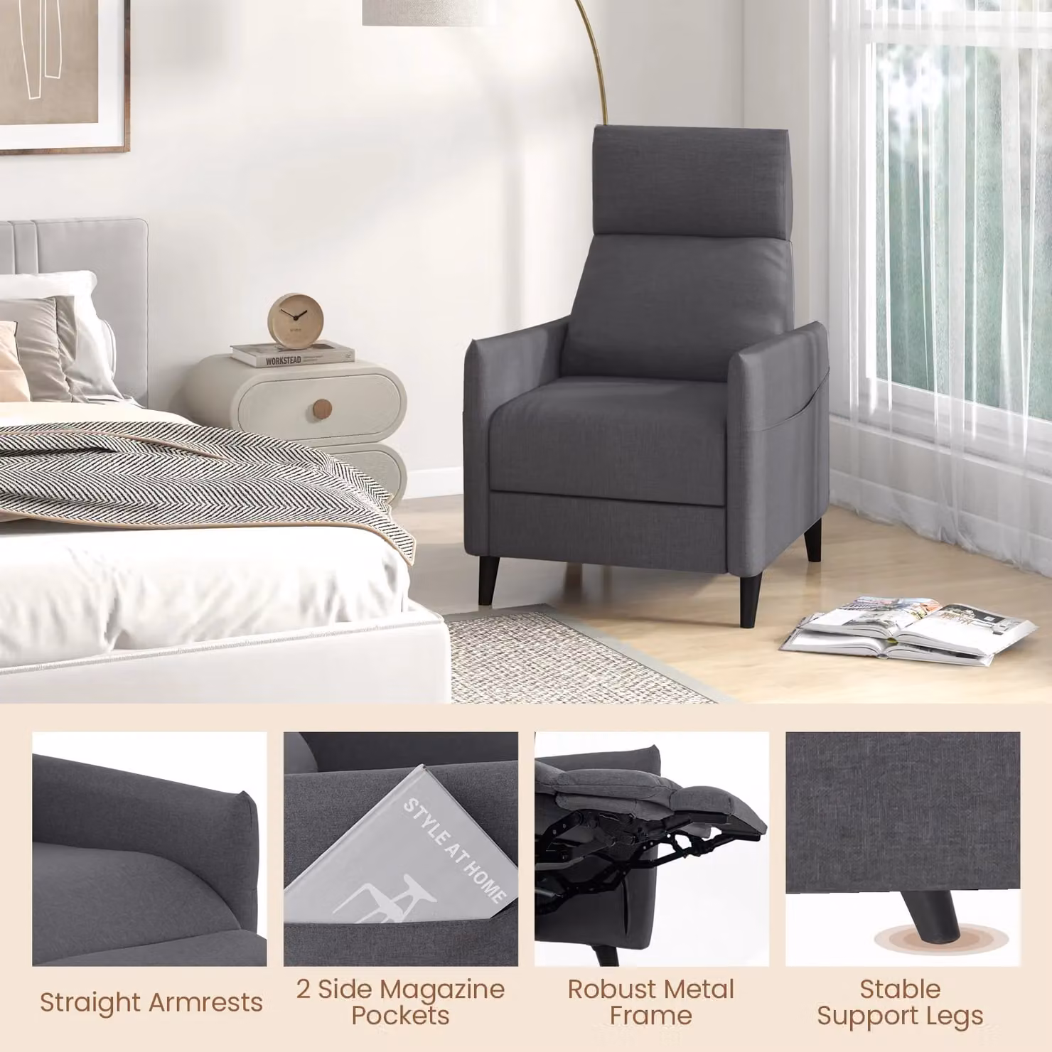 Gymax Grey Linen Fabric Recliner Push Back Armchair with Metal Frame – 8