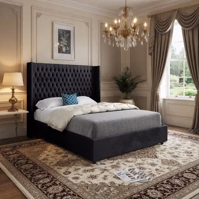 KDMD Welbury Winged Upholstered Designer Bed Frame in Black Soft Velvet, Size: 140 x 200 cm