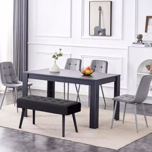 KOSY KOALA Modern Rectangular Dining Set with Table, 4 Grey Velvet Chairs and Bench in Black and Grey