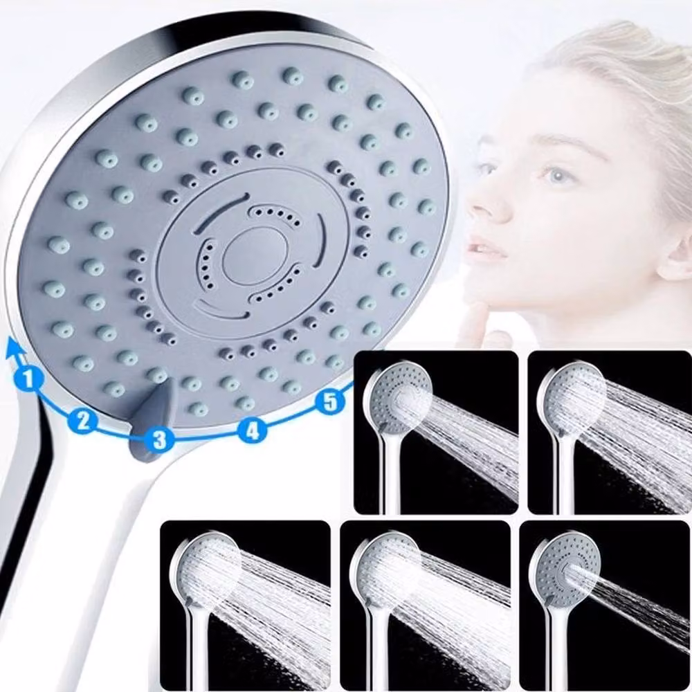 VOGREX Chrome 5 Mode Anti-Limescale Handheld Shower Head and Stainless Steel Hose Set in Silver – 2