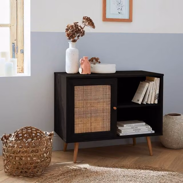 sweeek Scandi-style Storage Cabinet with Wood and Cane Rattan in Black, Width: 80 cm