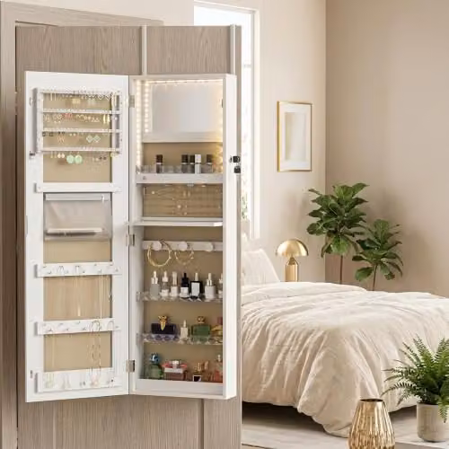 HOMCOM White LED Mirror Jewellery Cabinet, Wall Mounted with Integrated Lighting and Lock, H 108 x W 37 x D 10 cm – 2
