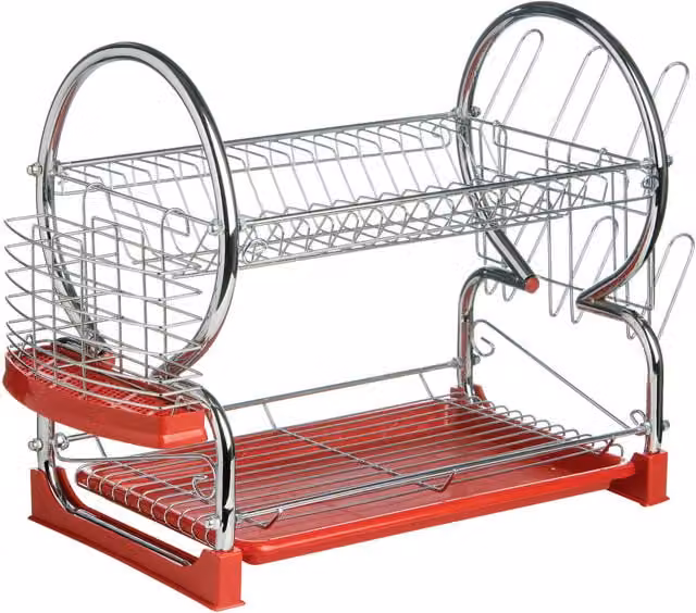 Premier Housewares 2 Tier Metal Dish Drainer with Plastic Drip Tray, Cutlery Holder and Cup Holder, Silver and Red – 1