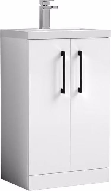 Balterley Gloss White Modern Bathroom Vanity Basin Unit with Black Handles, Width: 50 cm
