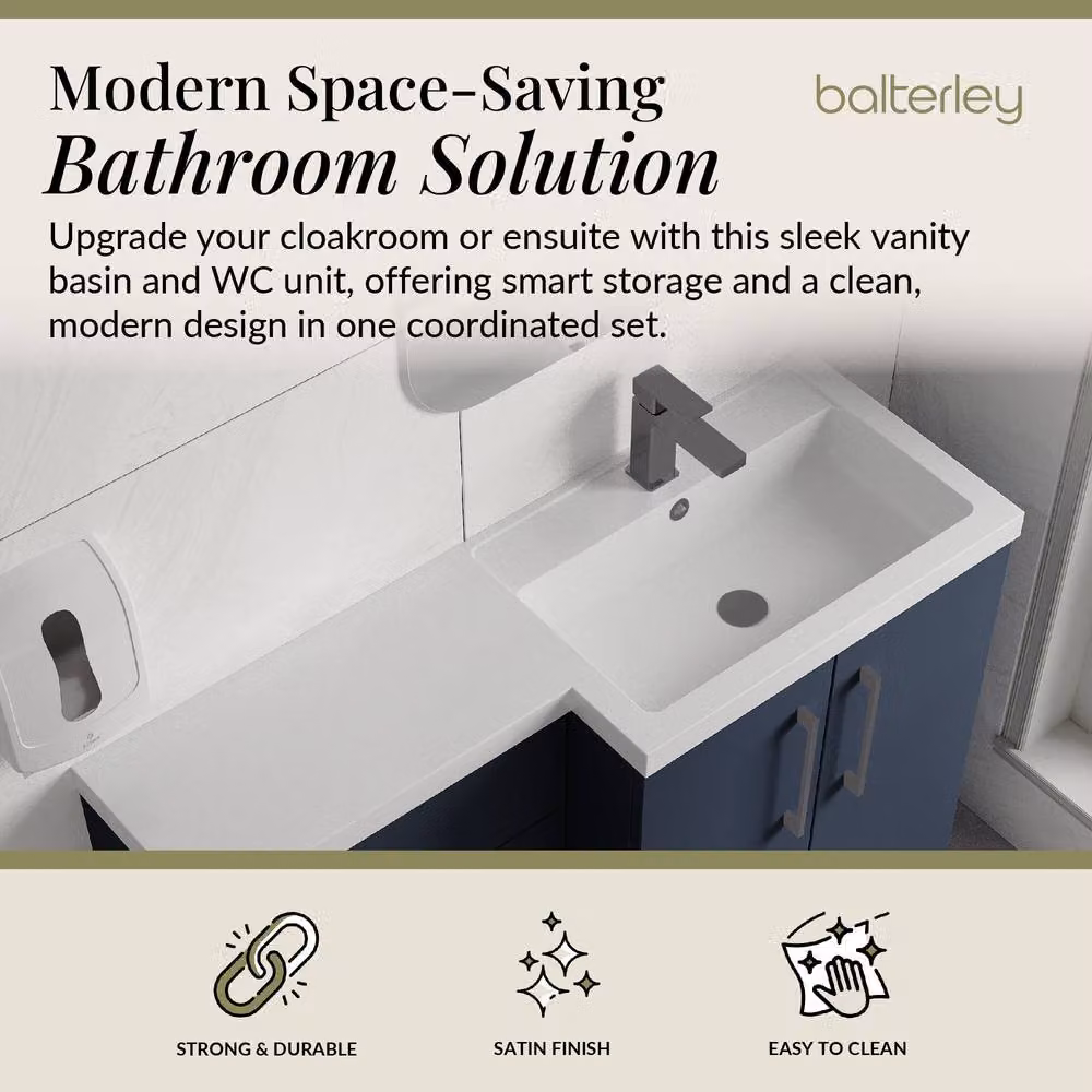 Balterley Modern Blue Right-Hand Vanity and WC Unit Combination with Brushed Pewter Details, W: 110 cm, H: 84 cm – 2