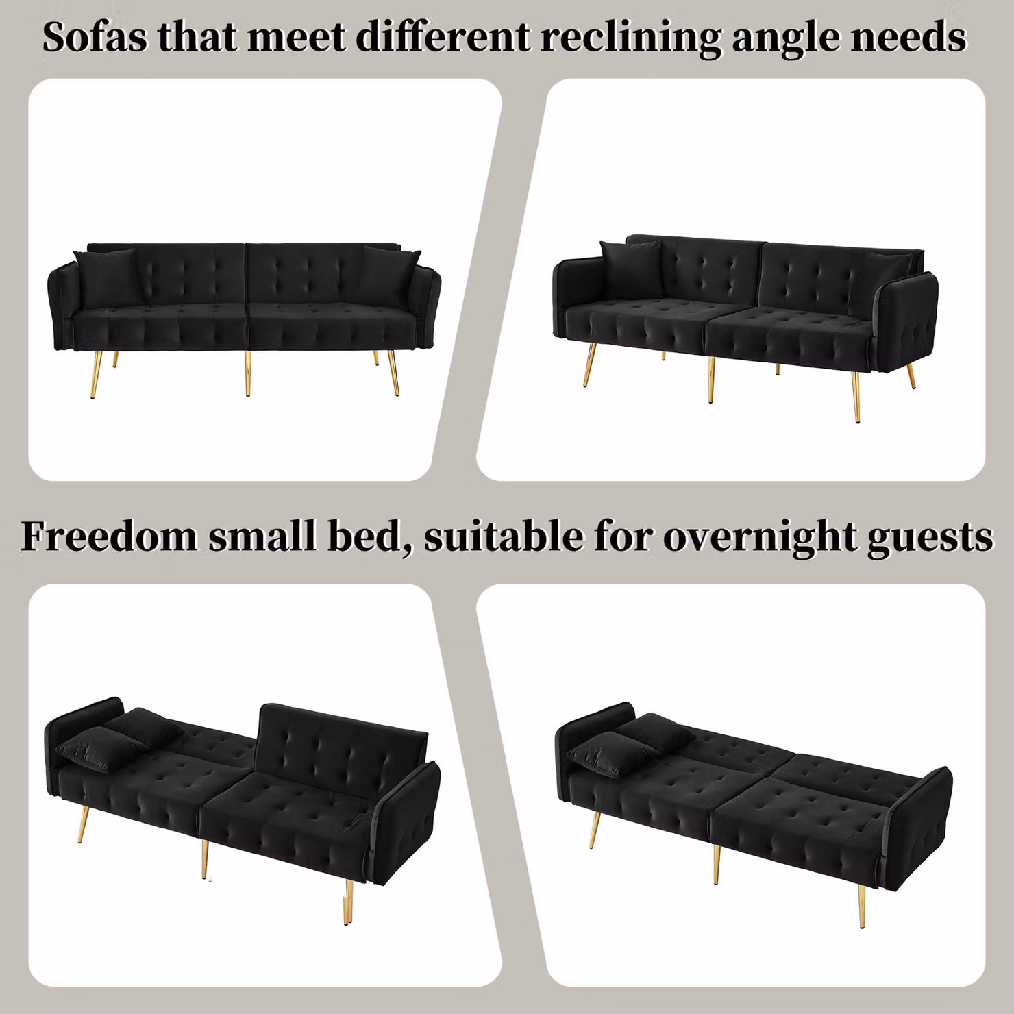 Aosom UK Black Velvet 2-Seater Click-Clack Sofa Bed with Gold Accents, W/D/H: 178 x 82 x 70 cm – 7
