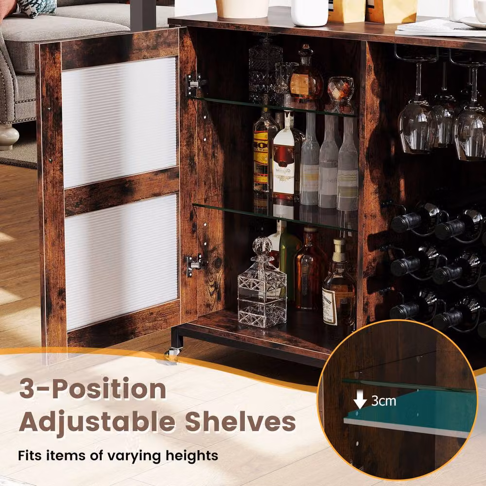 Costway Industrial Wooden Wine Bar Cabinet with LED Lights and Wheels, Brown – 8