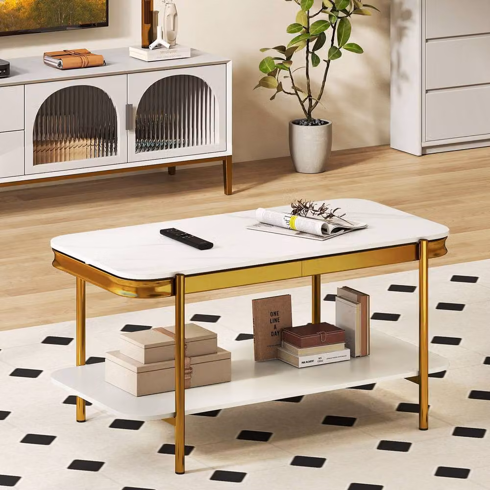 Gymax Modern Rectangular 2-Tier Coffee Table with White Glossy Ceramic Top – 2