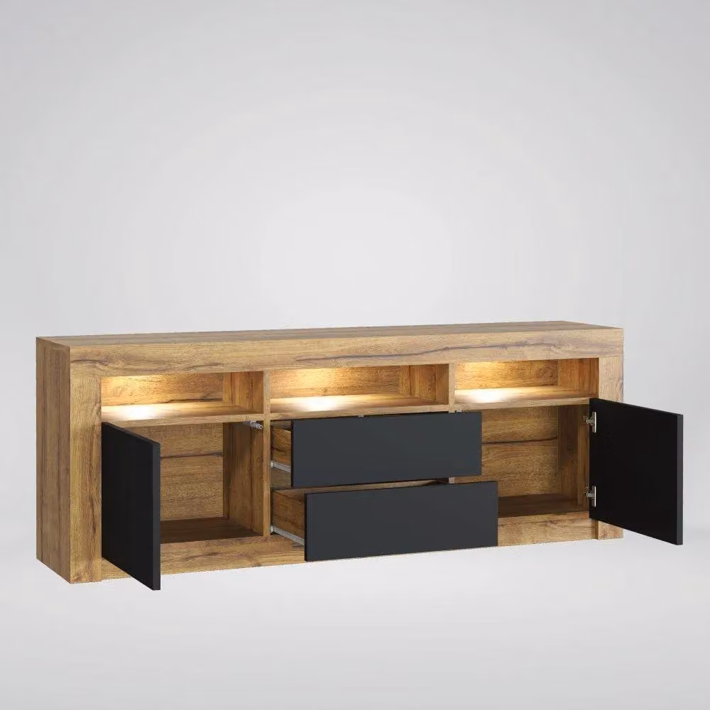 Mex Furniture LTD Modern TV Unit with LED Lights and Matt Drawers and Doors in Brown Oak, W: 160 cm, D: 35 cm, H: 60 cm – 4
