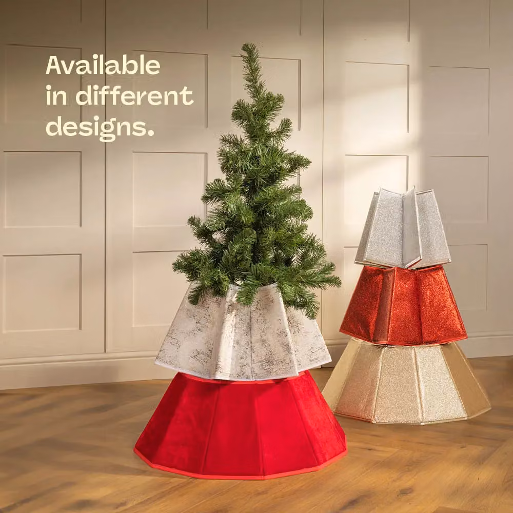 Christmas Village Geometric Diamond Velvet Christmas Tree Skirt in Red and White, Diameter: 68 cm – 4