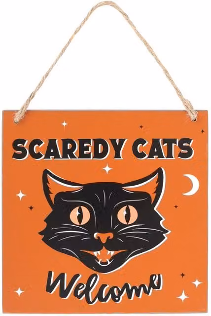Kingsbury Gifts Scaredy Cats Welcome Vintage Halloween Hanging Wood Sign, Orange and Black