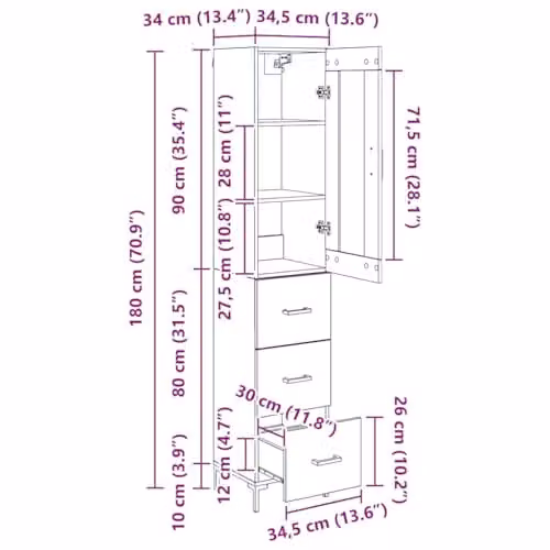 vidaXL Modern Black Highboard with Internal Drawers and Shelves, W/D/H: 34.5 x 34 x 180 cm – 3