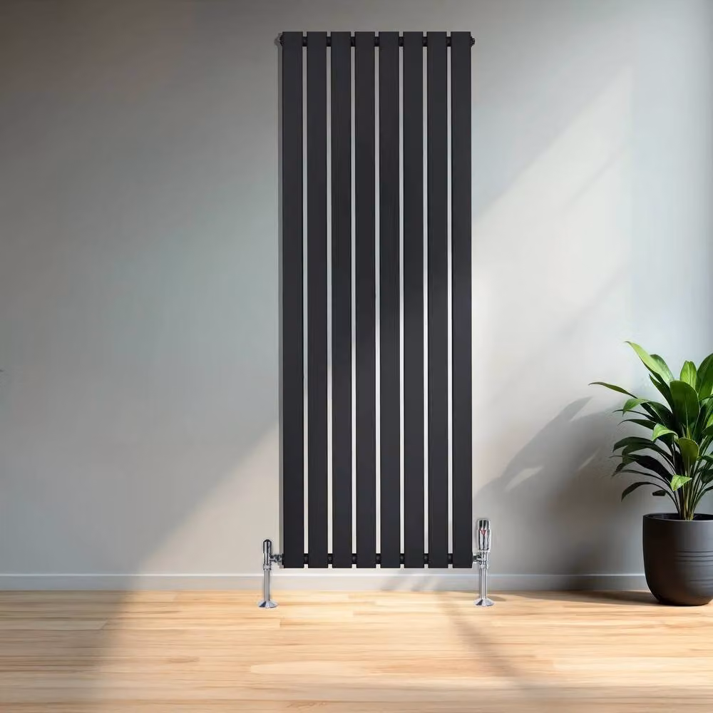 Monstershop Black Steel Flat Single Column Radiator with Integrated Valves and Thermostat Head, H: 160 cm, W: 56 cm – 4