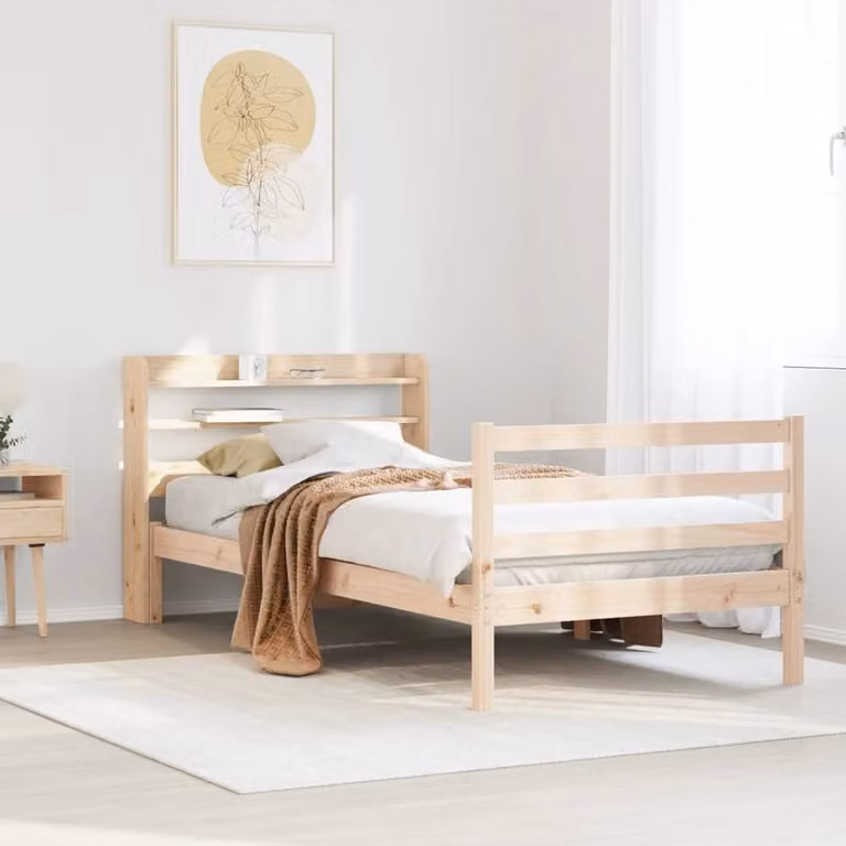 Berkfield Home Rustic Solid Pine Bed Frame with Headboard and Side Compartments in Sand Beige, W/D/H: 100 x 200 cm