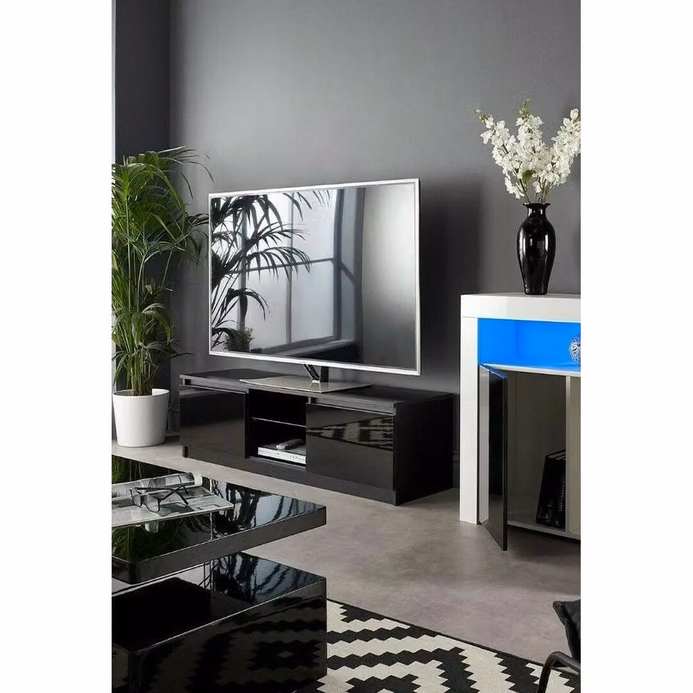 FLAVORA Modern Glossy Black TV Stand Cabinet with Lights – 4